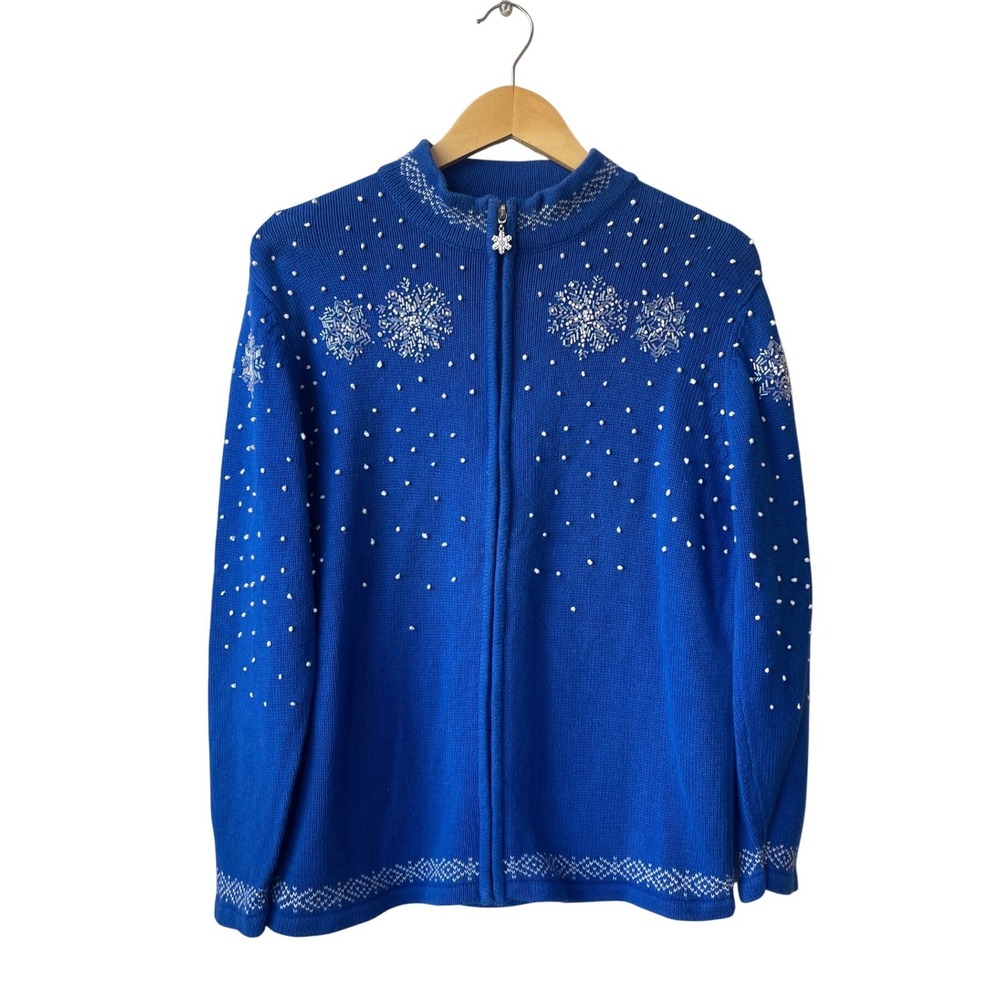 Drapers Damons Blue Nordic Full Zip Cardigan Size L Snowflake Knit‎ Lightweight